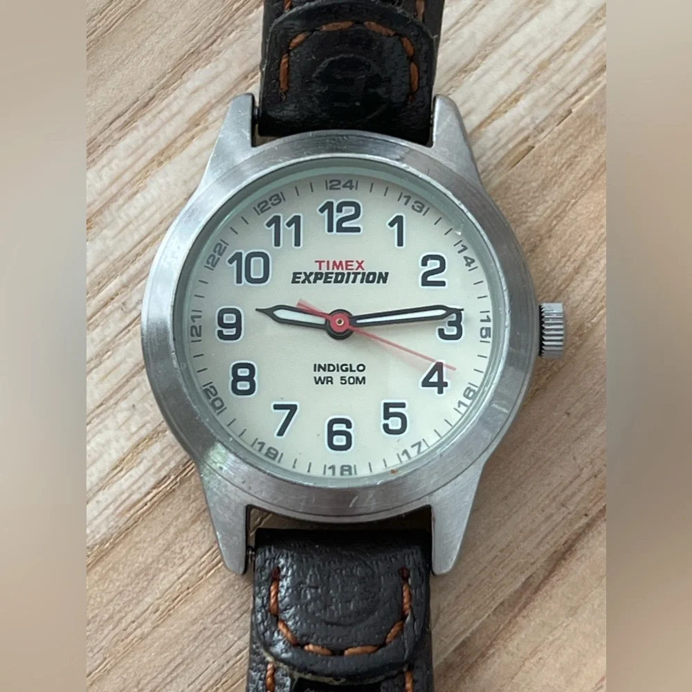 Timex Expedition Ladies Watch Indiglo Light-Up Dial Stainless Case Leather Strap